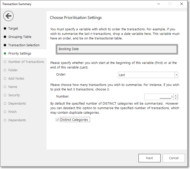 Priority settings step showing transaction ordering and number options